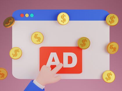 Web page with cartoon human hand pressing on advertising and coins