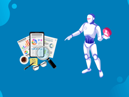 Human shaped robot pointing to a grouped item that includes a tablet, magnifying glass, reading glasses, coffee, pen and paper